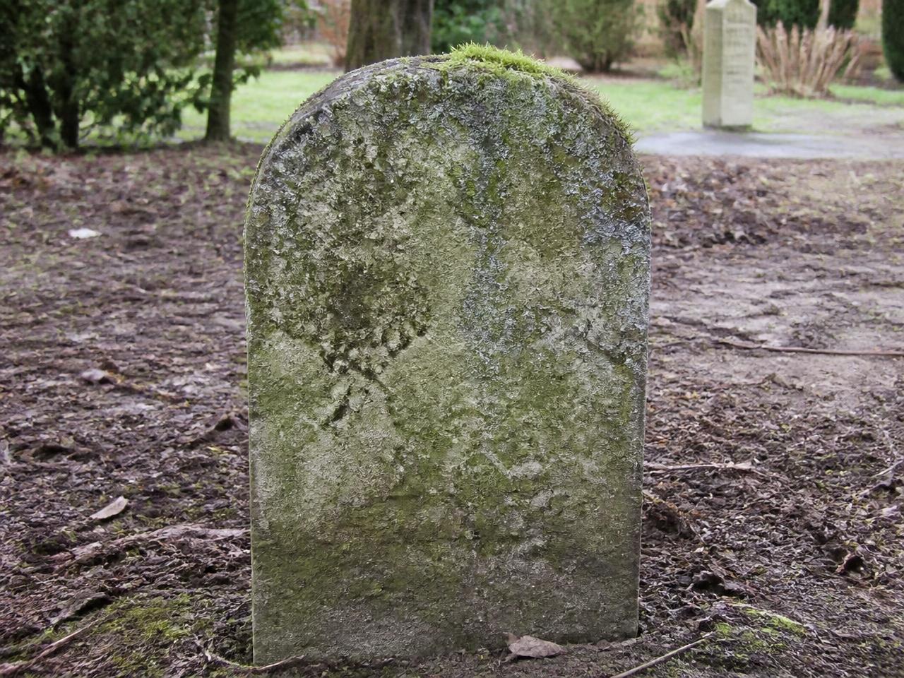 Verwitterter Sandsteingrabstein mit Moos und Flechten vor der Reinigung
